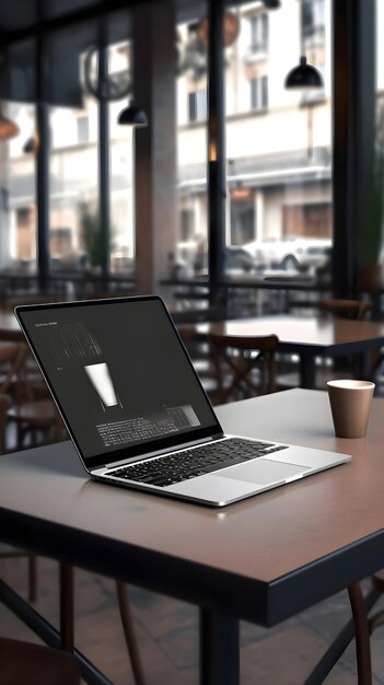 Laptop with blank screen on table in cafe 3d render