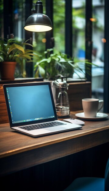 Laptop with blank screen on table in coffee shop stock photo