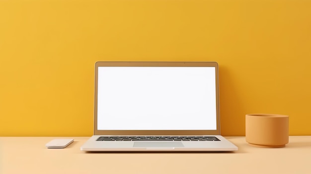 Laptop with blank screen on table workspace laptop showing blank screen background