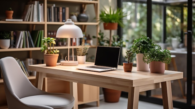 Laptop with blank screen on table