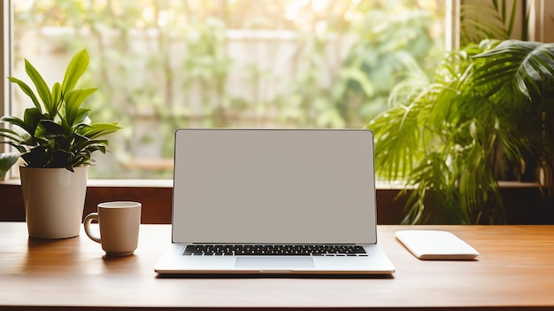 laptop with blank screen on table