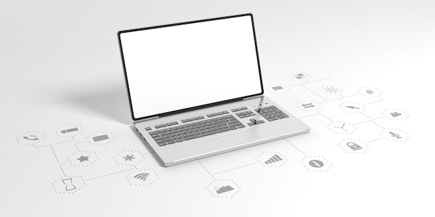 Photo laptop with blank screen on white background with app icons 3d illustration