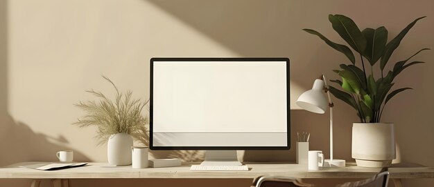 laptop with blank screen on wooden table in cafe Mockup image