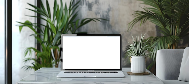 laptop with blank screen on wooden table in cafe Mockup image