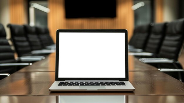 Laptop with blank screen on wooden table in modern conference room