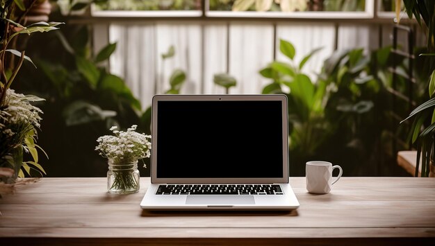 Laptop with blank screen on wooden table