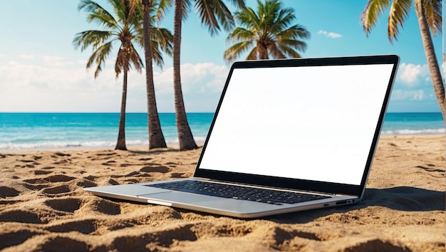 Laptop with blank white screen mock up on tropical beach with palm trees wallpaper on a sandy beach