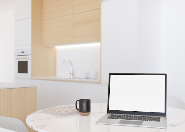 집에 있는 흰색 테이블에 빈 흰색 화면이 있는 노트북 컴퓨터는 앱 게임 웹 사이트 프레젠테이션을 위한 무료 복사 공간 디자인을 위한 준비가 된 빈 노트북 화면 현대적인 인테리어 3D 렌더링