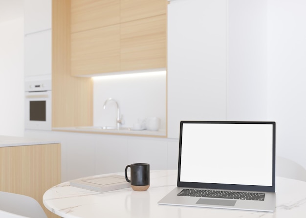 Laptop with blank white screen on white table at home Computer mock up Free copy space for app game web site presentation Empty laptop screen ready for your design Modern interior 3D render