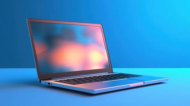 A laptop with a blue background and a colorful screen.