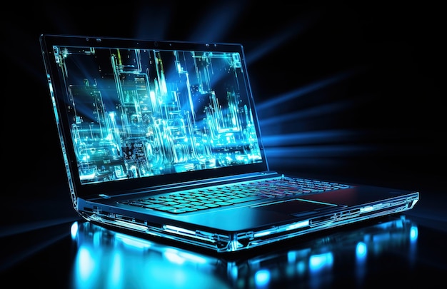 Laptop with blue lighting on a dark background