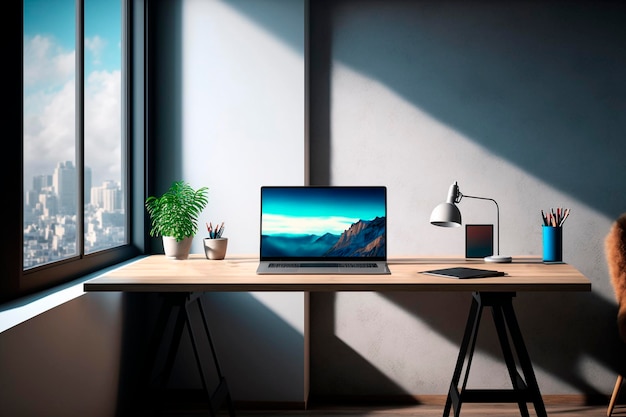 A laptop with a blue screen is on a desk in front of a window