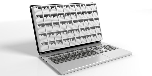 Ноутбук с книжным шкафом на белом фоне 3d иллюстрация