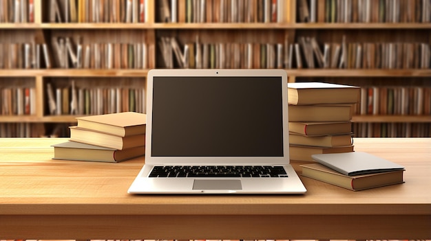 Photo laptop with books and notebooks on wooden desk work