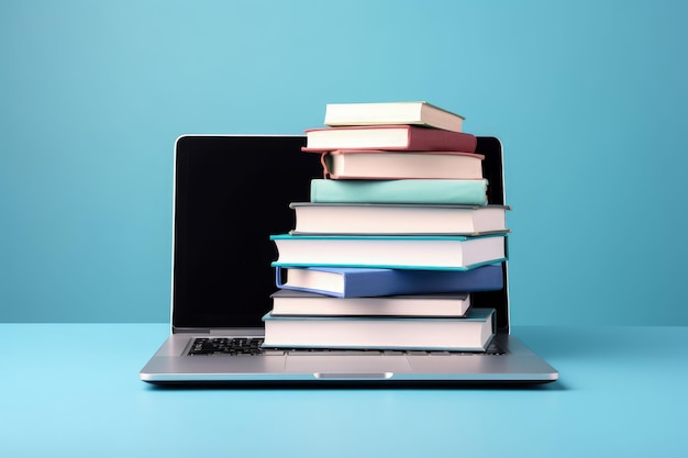 Фото Ноутбук с книгами, сложенными на клавиатуре, синий фон, стопка книг, ии