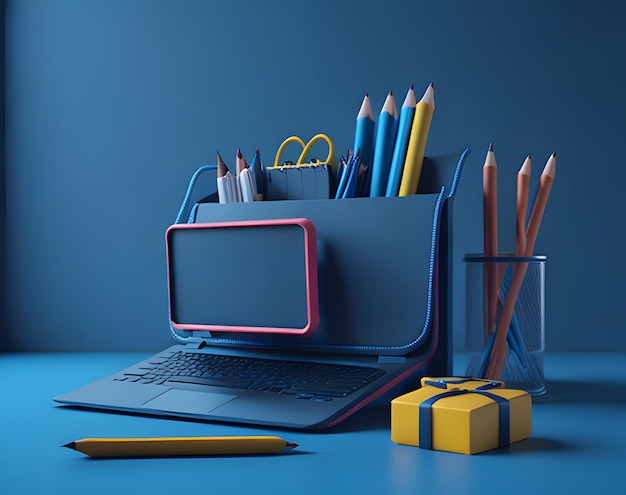 A laptop with a box of pencils and a gift box on it.