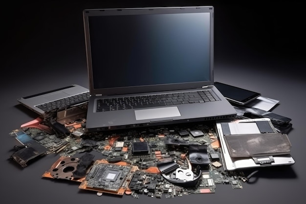 Photo laptop with broken lcd display among disassembled gadget ai generated