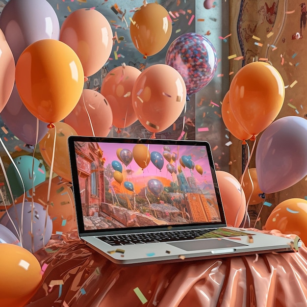 a laptop with a bunch of balloons on the screen that says " happy birthday ".