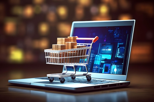 a laptop with a cart with a cart with boxes of wood on it