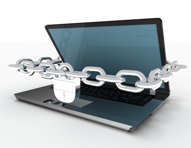 Laptop with chains and lock on white isolated background. 3d