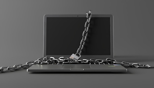 Photo laptop with chains and padlock on gray background