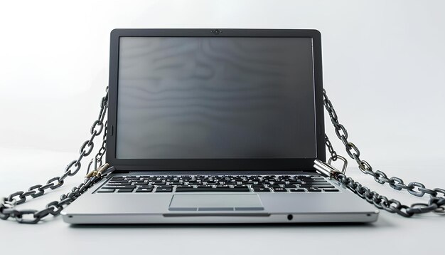 Photo laptop with chains and padlock on white background