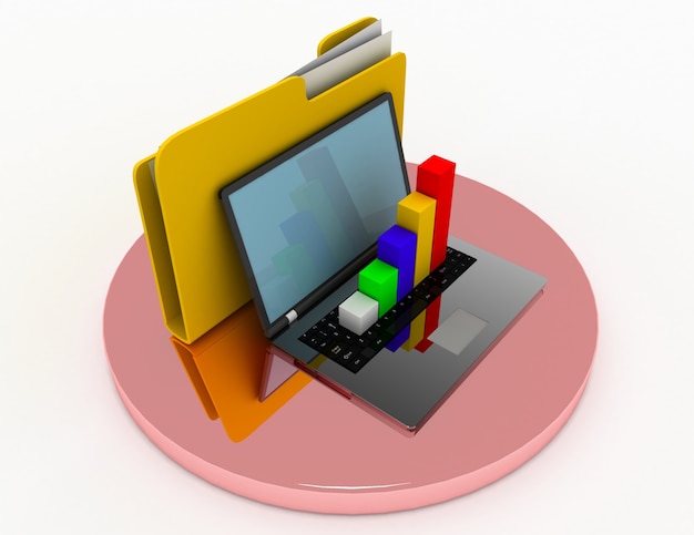 Фото Ноутбук с диаграммой и папкой с файлами. 3d иллюстрация
