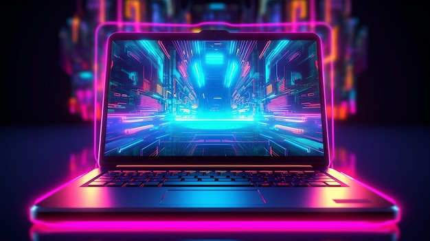 Photo laptop with city hologram on screen