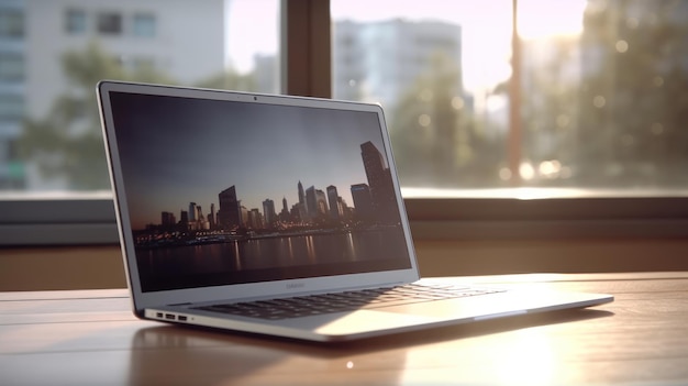 A laptop with a city on the screen