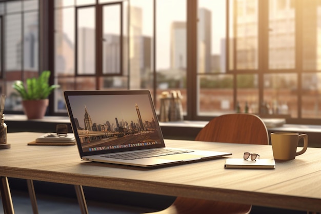 a laptop with a city on the screen