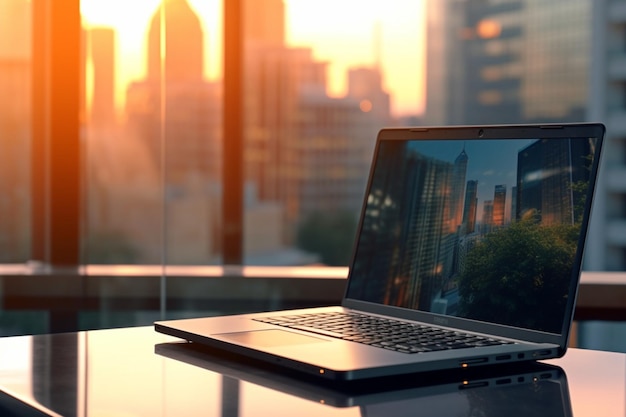 A laptop with a city skyline in the background