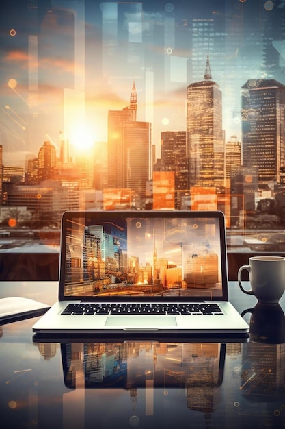 Foto un portatile con uno skyline della città dietro e una tazza di caffè