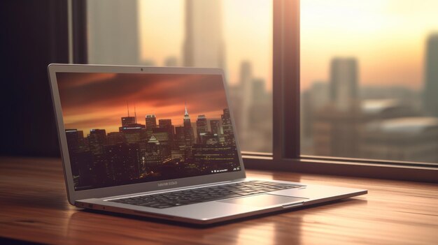 Foto un laptop con un paesaggio urbano sullo schermo