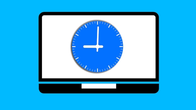 Laptop with Clock Screen on a blue background