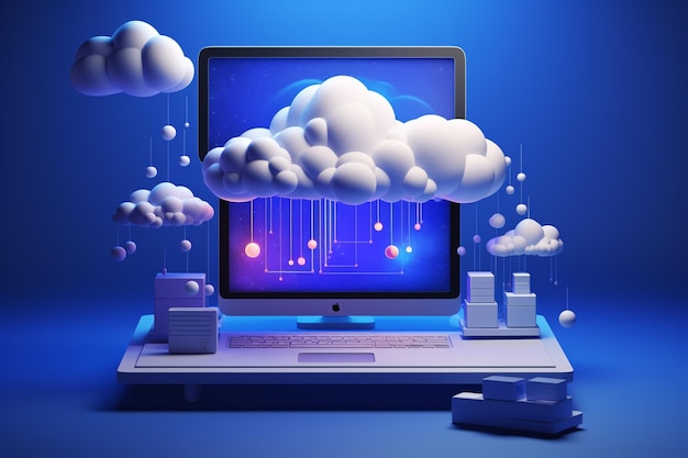 Laptop with cloud computing concept 3d illustration blue background