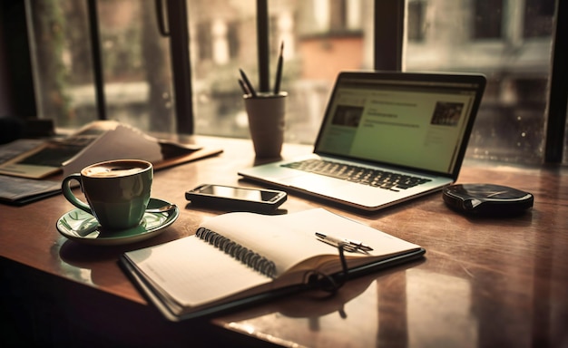 Laptop with coffee cup and notepad to stay on track