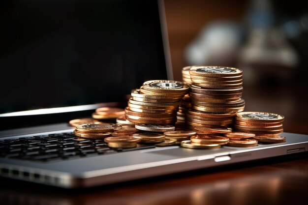 Фото Ноутбук с монетами на переднем плане концепция советника дома