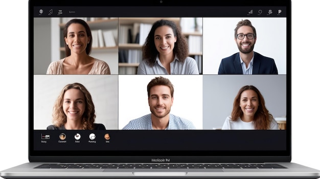 a laptop with a collage of people on it and a picture of a man and woman with a laptop on the screen.