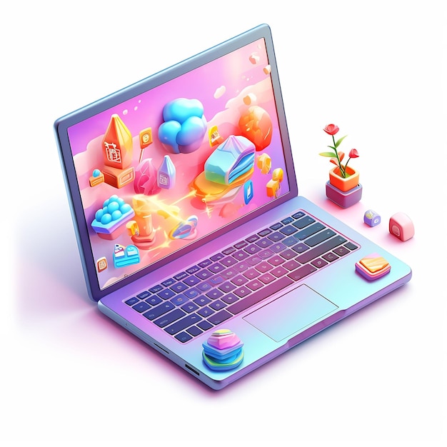a laptop with a colorful display on the screen and the word quot happy birthday quot on the screen
