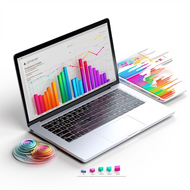 스크린에 다채로운 그래프와 스크린에서 다채로운 인용어를 가진 노트북