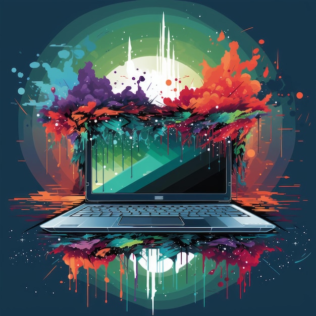 Foto un laptop con schizzi di vernice colorata sopra