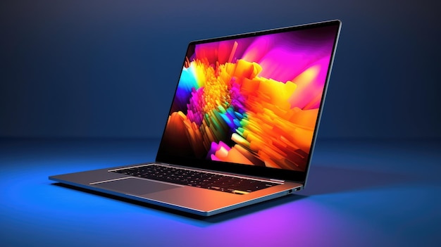 A laptop with a colorful screen is open on a blue background.
