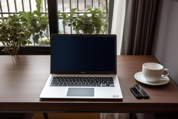 Photo a laptop with a cup of coffee and a cup of coffee on a table