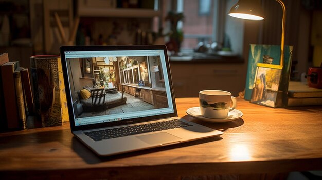a laptop with a cup of coffee and a cup of coffee on a table.