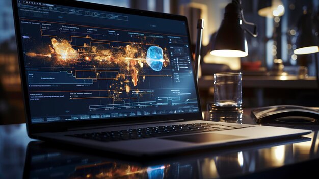 Laptop with data analysis on screen in a chemistry lab with glassware and scientific equipment