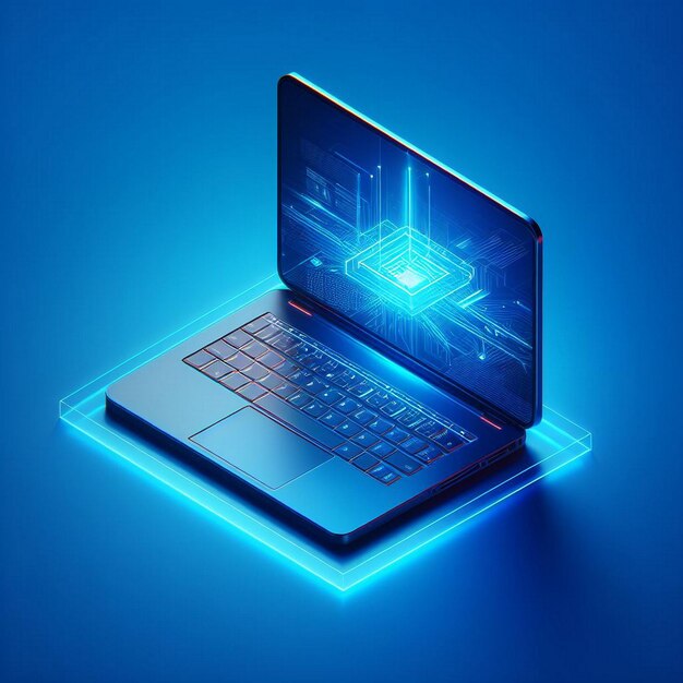 Photo laptop with digital interface on blue background 3d illustration