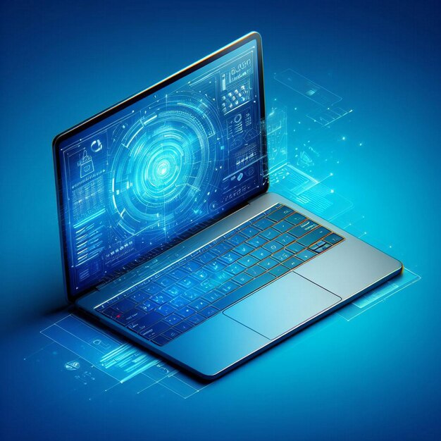 Laptop with digital interface on blue background 3d illustration