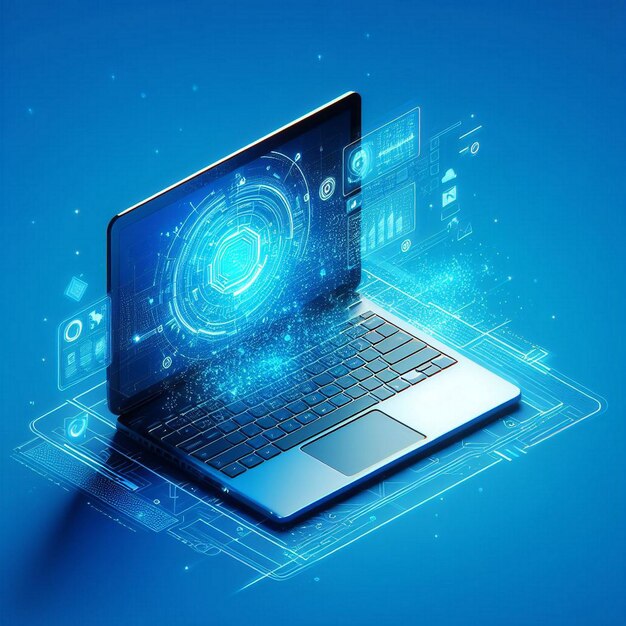 Photo laptop with digital interface on blue background 3d illustration