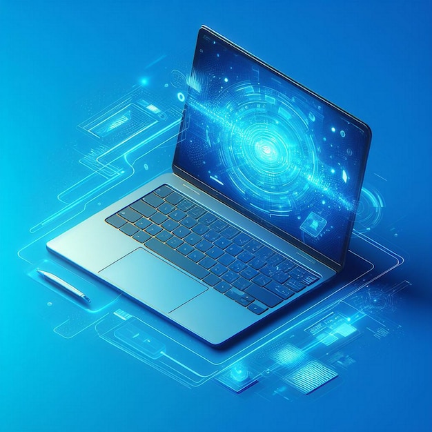 Laptop with digital interface on blue background 3d illustration