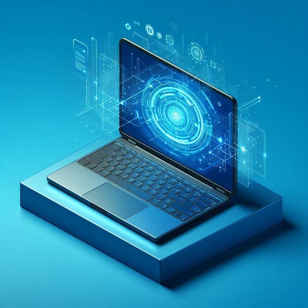 Laptop with digital interface on blue background 3d illustration